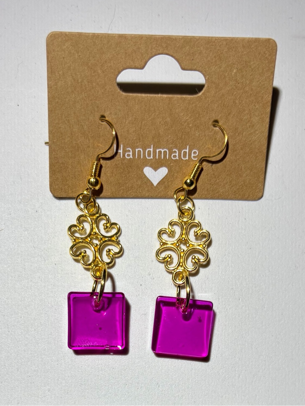 Handmade Gold Filigree Earrings with Fuchsia Square Charms
